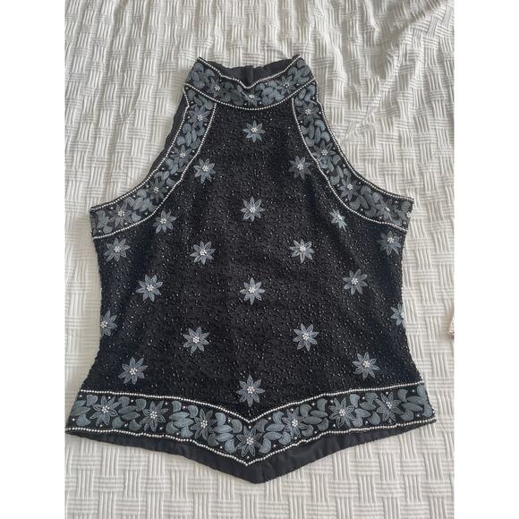 VTG All Over Floral Beaded Modest Asymmetric Hem Sleeveless Top NYE Elegant Y2K - Picture 5 of 12